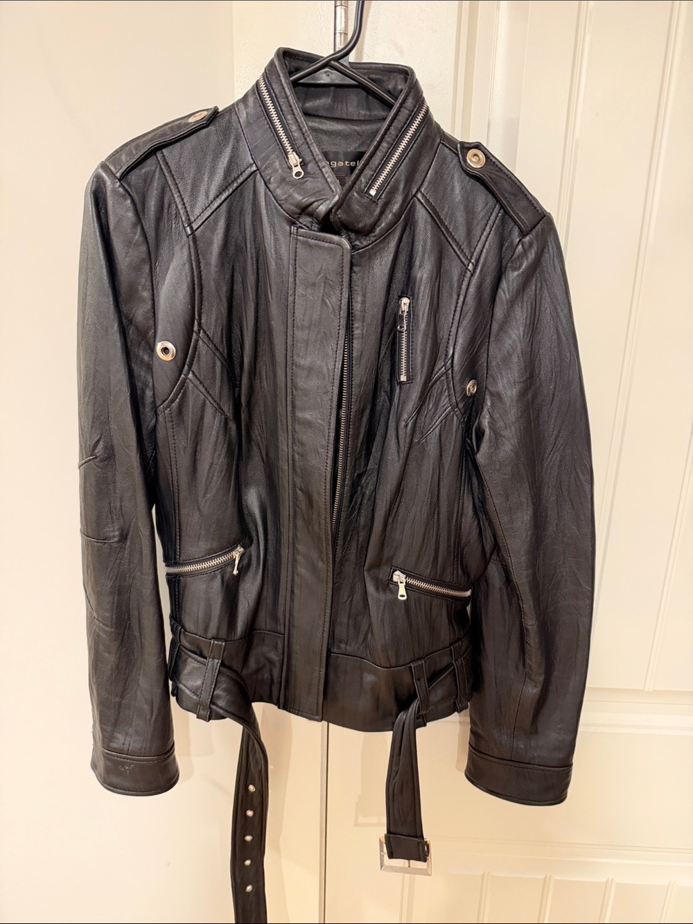 bagatelle Black Leather Moto Jacket with Belted Waist